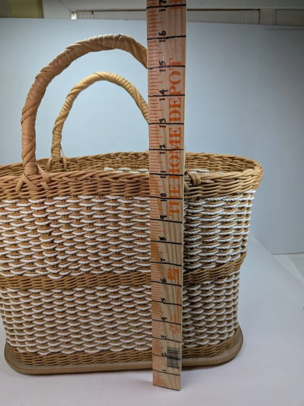 Vintage Woven Wicker Market Tote Basket White Rope Accent Wood Base Handles
